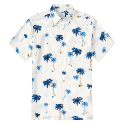 Blue Palm Tree Pattern Button Short Sleeve Shirt