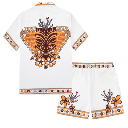 Hawaiian Tiki Themed Waistband Shorts in Brown