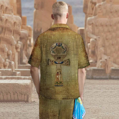 Egyptian Ankh Vintage Camp Collar Short Sleeve Shirt