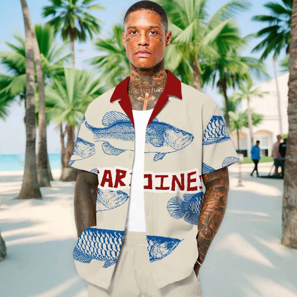 Resort Wear Marine Fish Print Camp Collar Short Sleeve Shirt