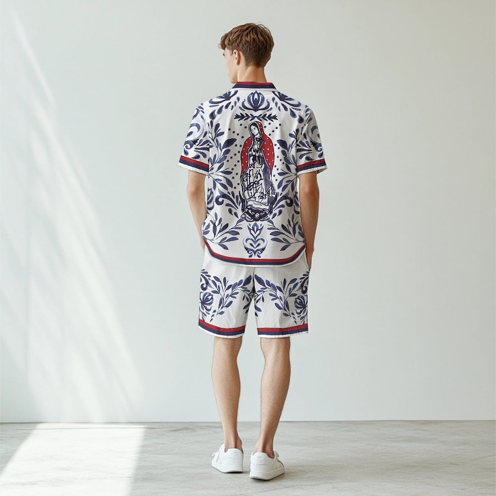 Virgin Mary Print Camp Collar Short Sleeve Shirt