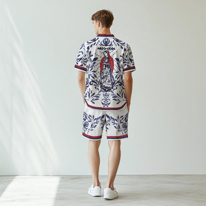 Virgin Mary Print Camp Collar Short Sleeve Shirt