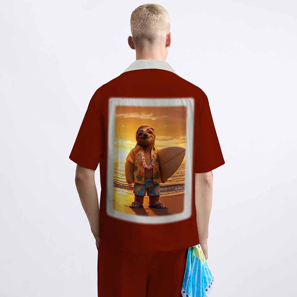 Hawaiian Cute Sloth Print Camp Collar Short Sleeve Shirt