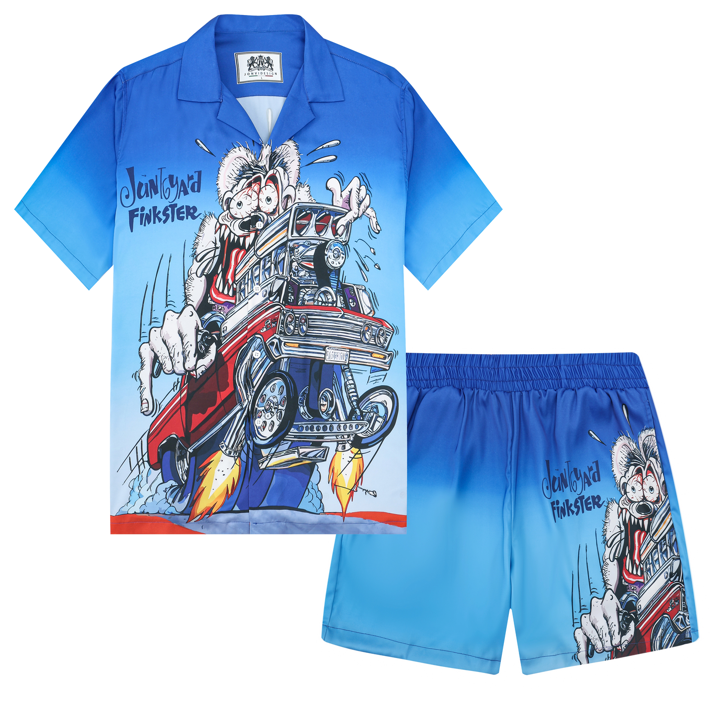 Blue Gradient Mouse Print Camp Collar Short Sleeve Shirt
