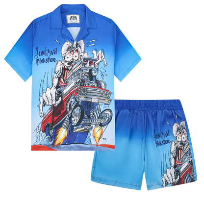Blue Gradient Mouse Print Camp Collar Short Sleeve Shirt
