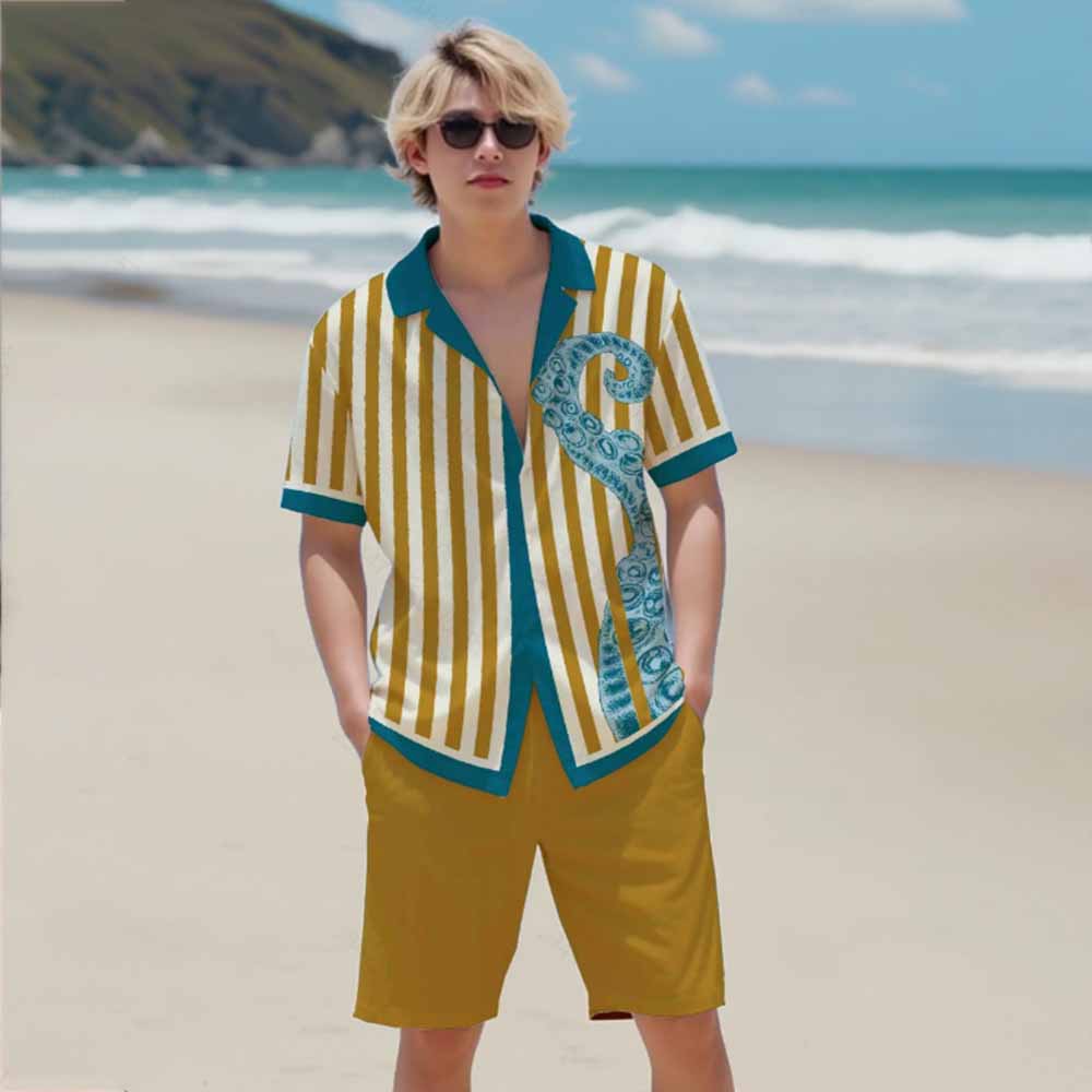 Vertical Striped Octopus Pattern Elastic Waistband Summer Casual Shorts