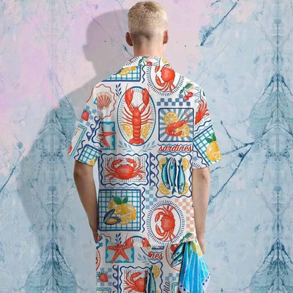 Summer Seafood Dinner Pattern Camp Collar Short-Sleeved Shirt