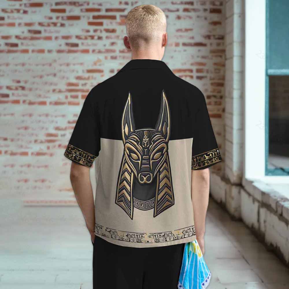 Ancient Egyptian Anubis Art Camp Collar Short Sleeve Shirt