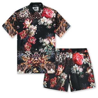 Leopard Printed Floral Silk Fiber Short Sleeve Casual Shirt