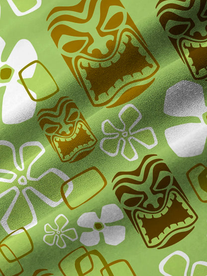 Vintage Holiday Tiki Art Green Men's Hawaiian Camp Collar Short Sleeve Shirt