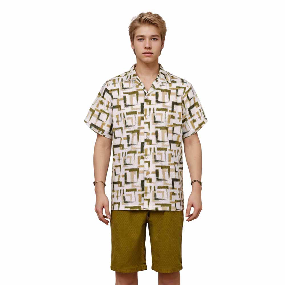 Geometric Square Block Pattern Camp Collar Short Sleeve Shirt