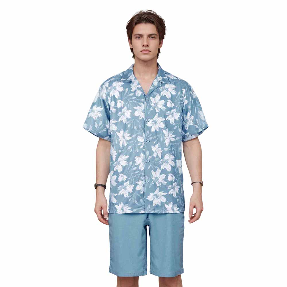 Hawaiian Shirt Blue White Floral Elastic Waistband Summer Casual Shorts