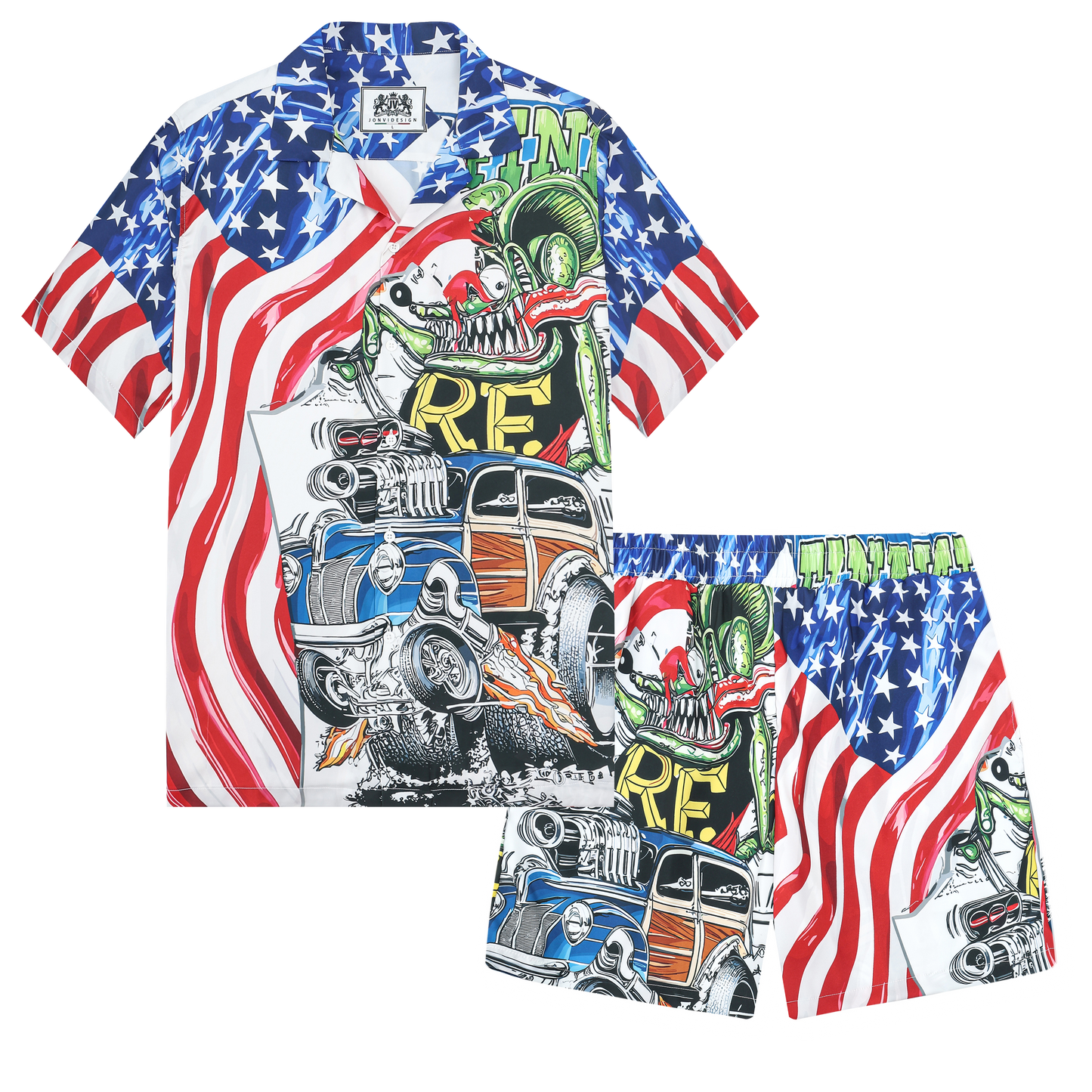 American Flag Mouse Modified Car Print Camp Collar Short Sleeve Shirt
