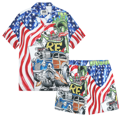 American Flag Mouse Modified Car Print Camp Collar Short Sleeve Shirt