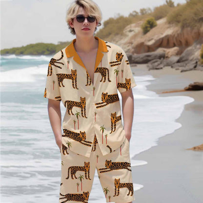 Tropical Leopard Print Camp Collar Short Sleeve Shirt