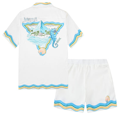 Seahorse Beach Wave Pattern Waistband Shorts