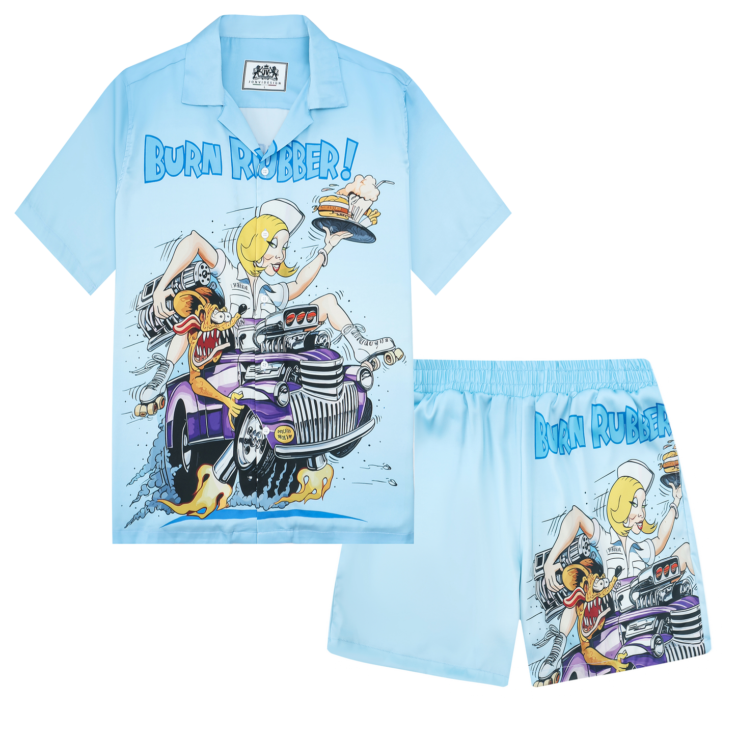 Modified Car Print Camp Collar Short Sleeve Shirt
