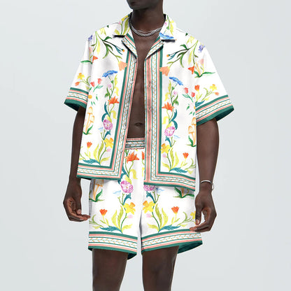 Green Floral Pattern Elastic Waist Casual Vacation Shorts