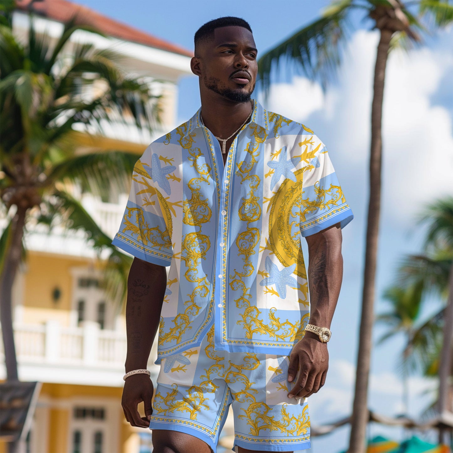 Baroque Floral Pattern Short Sleeve Camp Collar Shirt