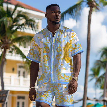 Baroque Floral Pattern Short Sleeve Camp Collar Shirt