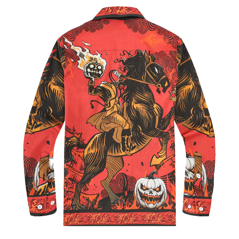Death Knight Print Long Sleeve Camp Collar Shirt