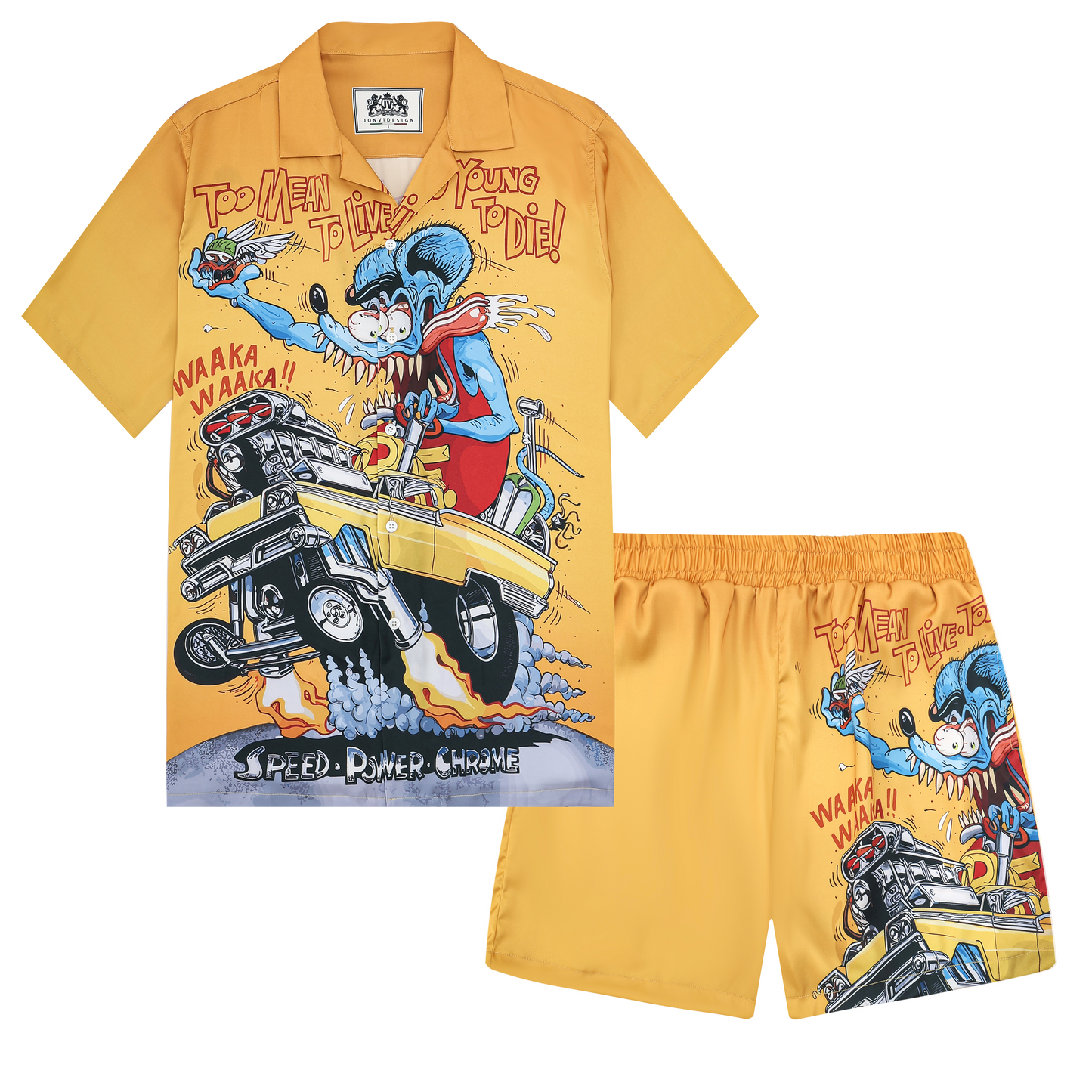 Modified Car Print Yellow Car Camp Collar Short Sleeve Shirt