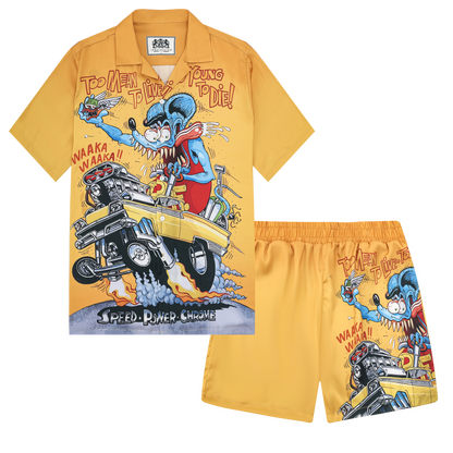 Modified Car Print Yellow Car Camp Collar Short Sleeve Shirt