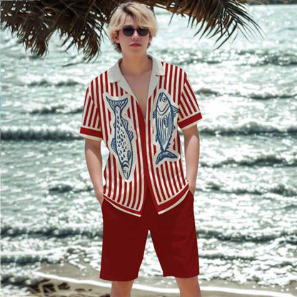 Summer Vacation Retro Fish Pattern Camp Collar Short Sleeve Shirt