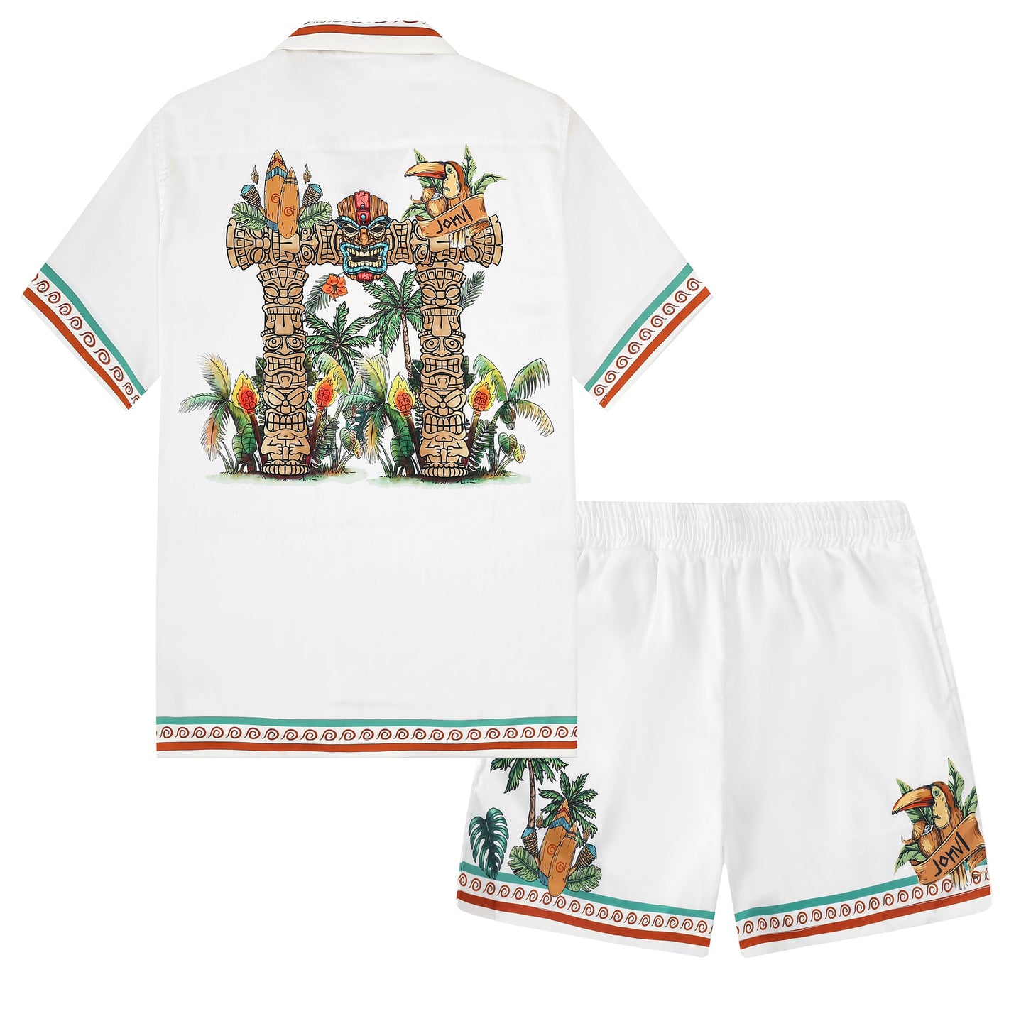 Tropical Tiki Statue Pattern Short Sleeve Camp Collar Shirt in White