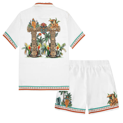 Tropical Tiki Statue Pattern Short Sleeve Camp Collar Shirt in White