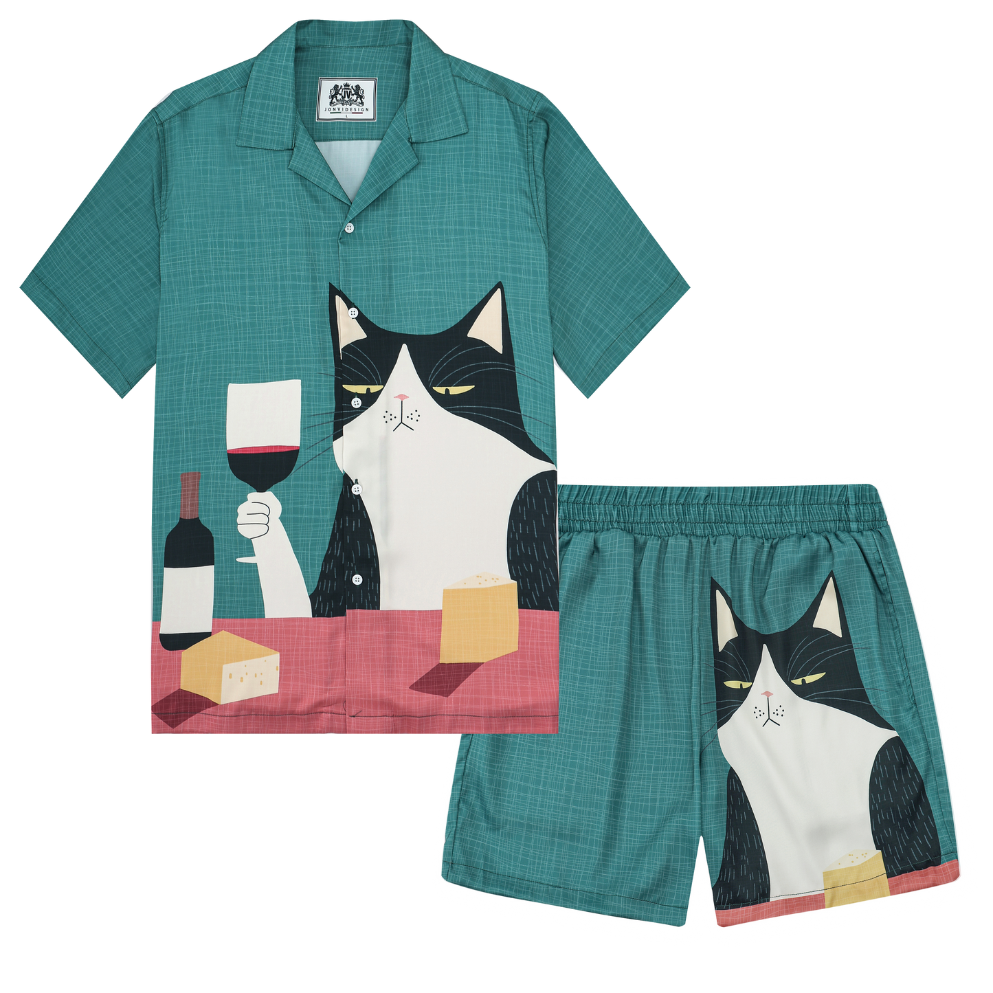 Cat Drinking Red Wine Print Camp Collar Short Sleeve Shirt