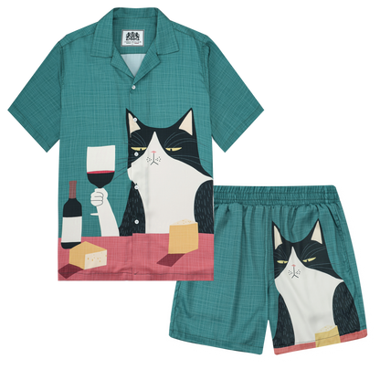 Cat Drinking Red Wine Print Camp Collar Short Sleeve Shirt