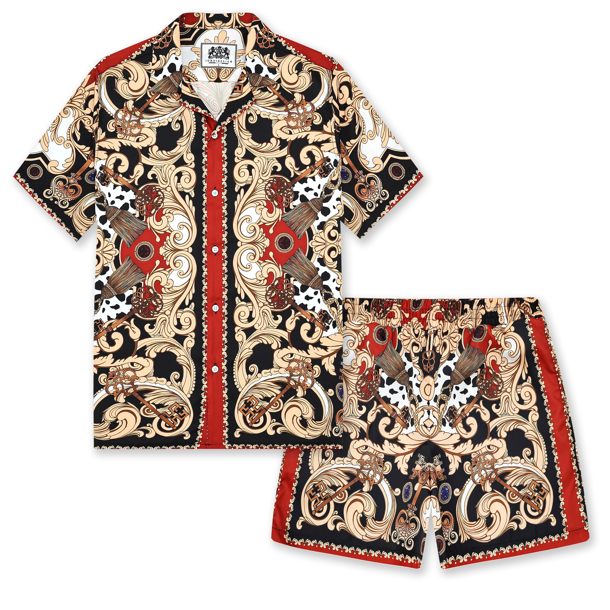 Red Baroque Pattern Camp Collar Casual Shirt for Men Jonvidesign