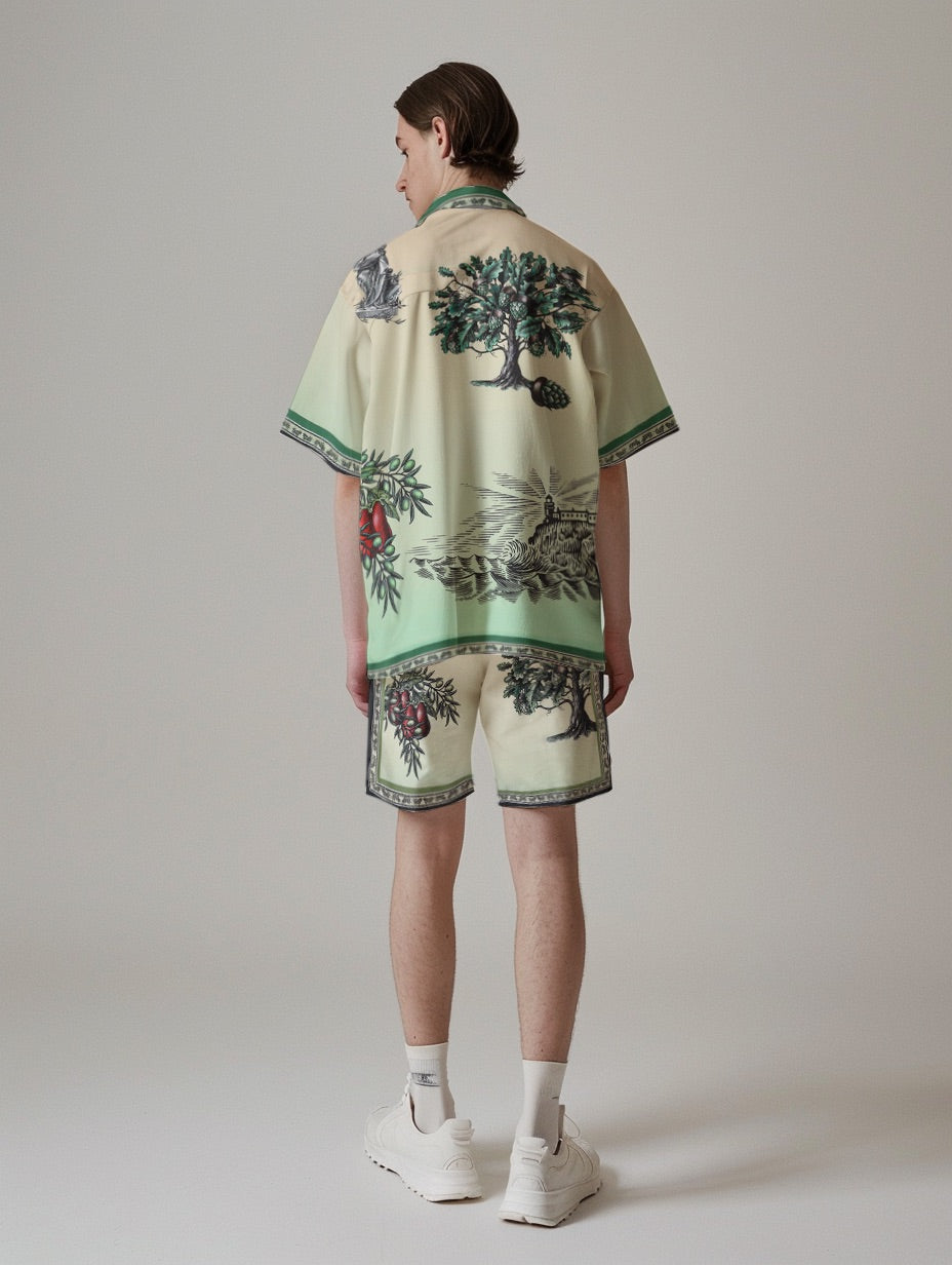 Greek Statue Olive Branch Pattern Silk Fiber Waistband Shorts