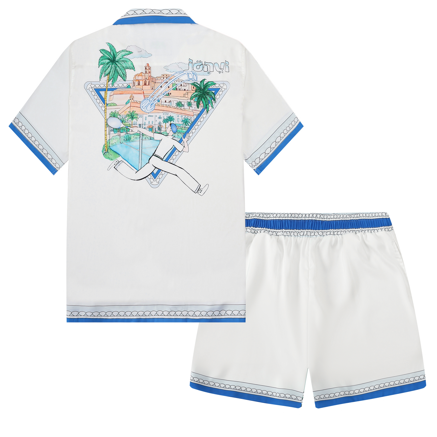Blue Shell Pattern Silk Elastic Waistband Tennis Shorts