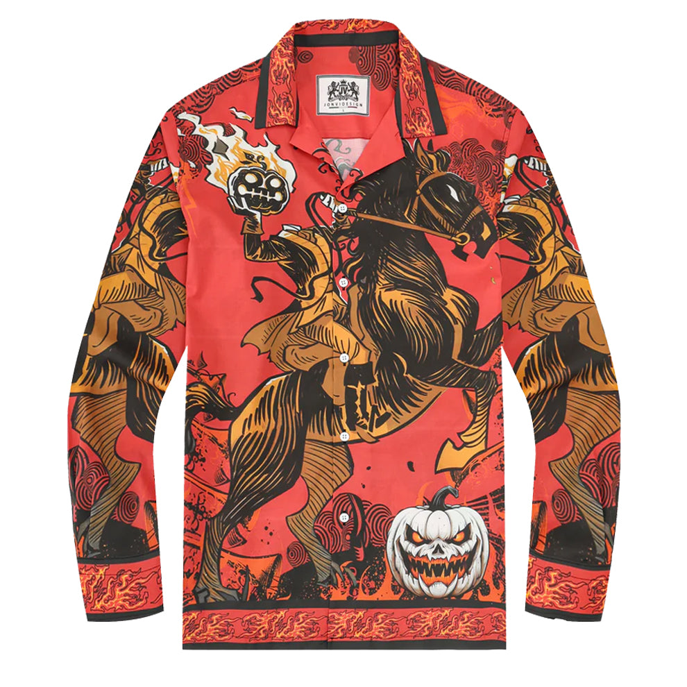 Death Knight Print Long Sleeve Camp Collar Shirt