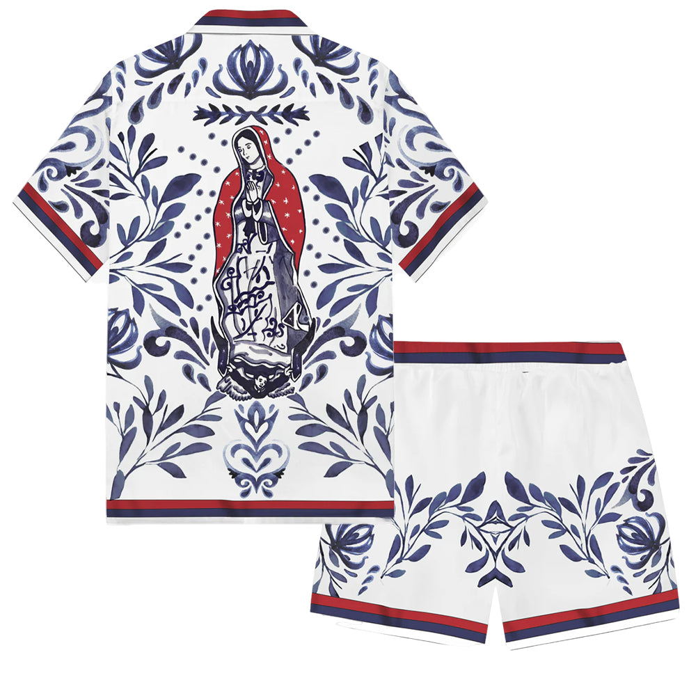 Virgin Mary Print Camp Collar Short Sleeve Shirt