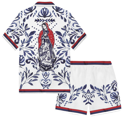 Virgin Mary Print Camp Collar Short Sleeve Shirt