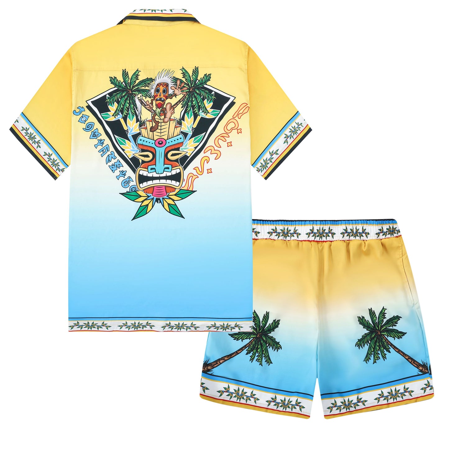 Tropical Vibe Tiki Pattern Short Sleeve Camp Collar Shirt in Yellow