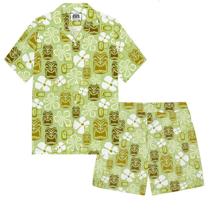 Vintage Holiday Tiki Art Green Men's Hawaiian Elastic Waistband Casual Shorts