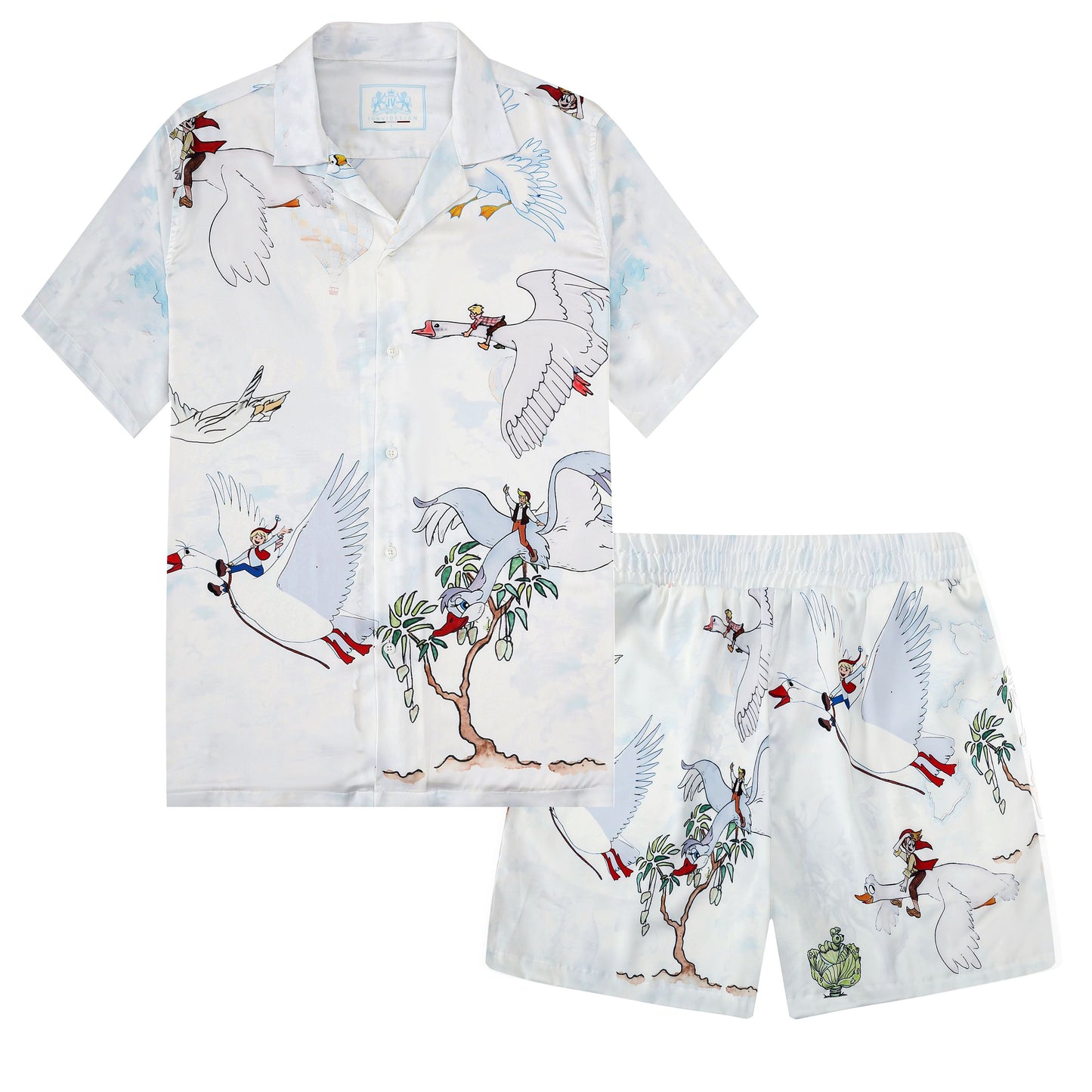 Red-crown Crane Pattern Silk Fiber Waistband Shorts