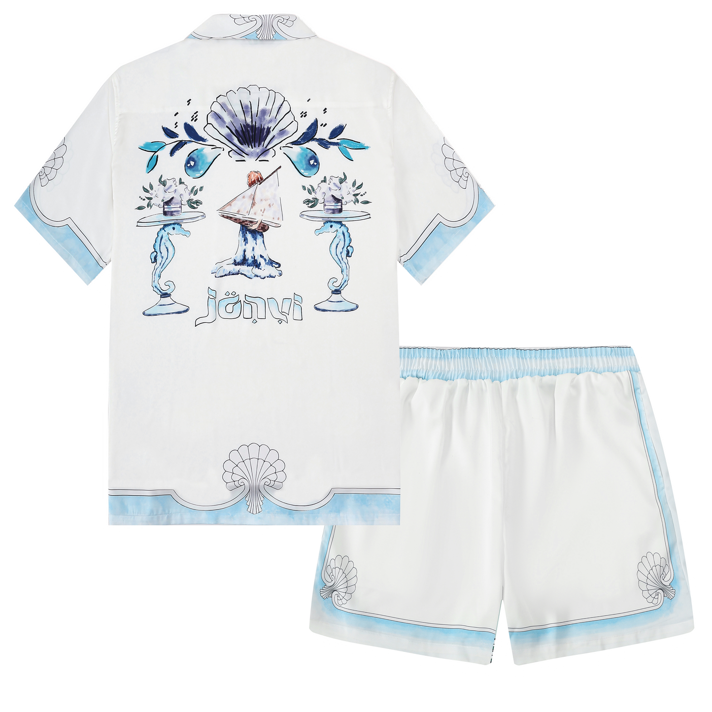 Blue Seahorse Shell Pattern Camp Collar Short Sleeve Shirt