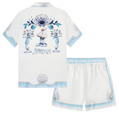 Blue Seahorse Shell Pattern Camp Collar Short Sleeve Shirt