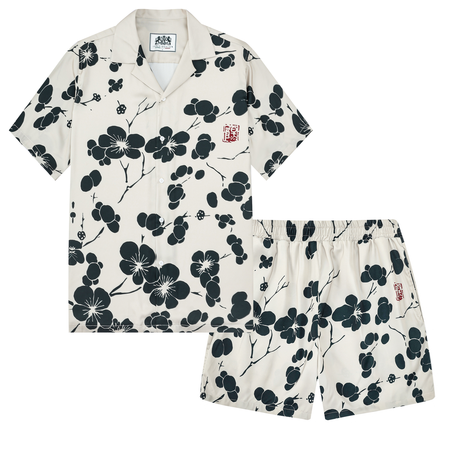 Black Plum Blossom Print Design Elastic Waistband Summer Casual Shorts