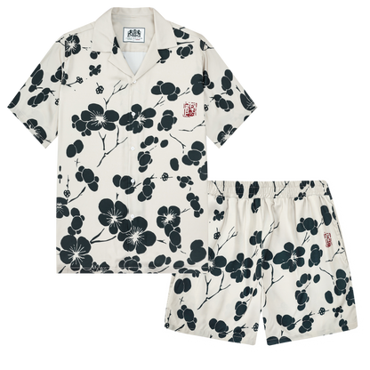 Black Plum Blossom Print Design Elastic Waistband Summer Casual Shorts