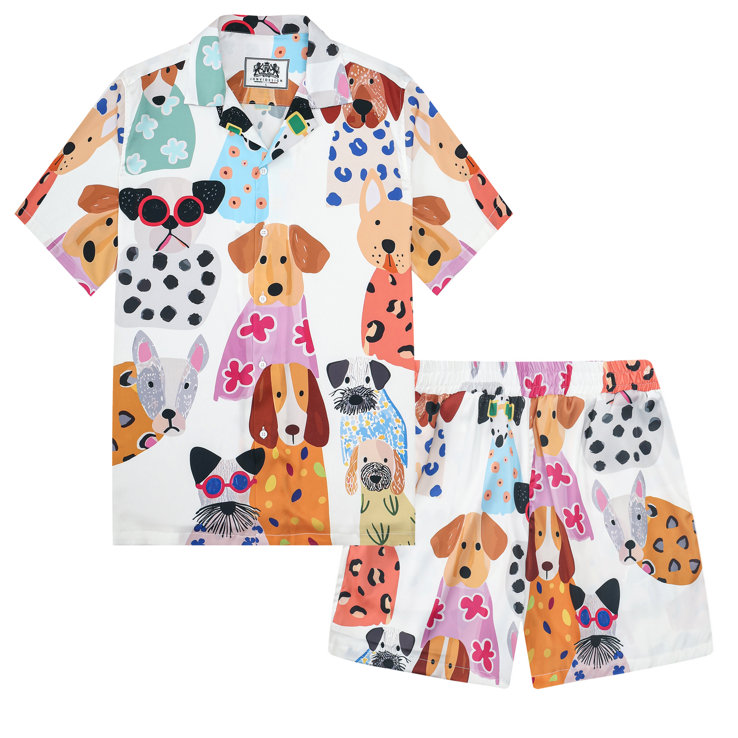 Puppy Paradise Print Camp Collar Short Sleeve Shirt