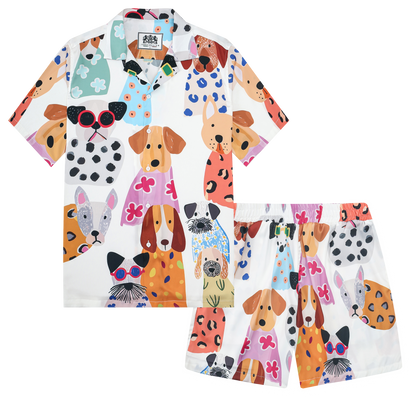 Puppy Paradise Print Camp Collar Short Sleeve Shirt