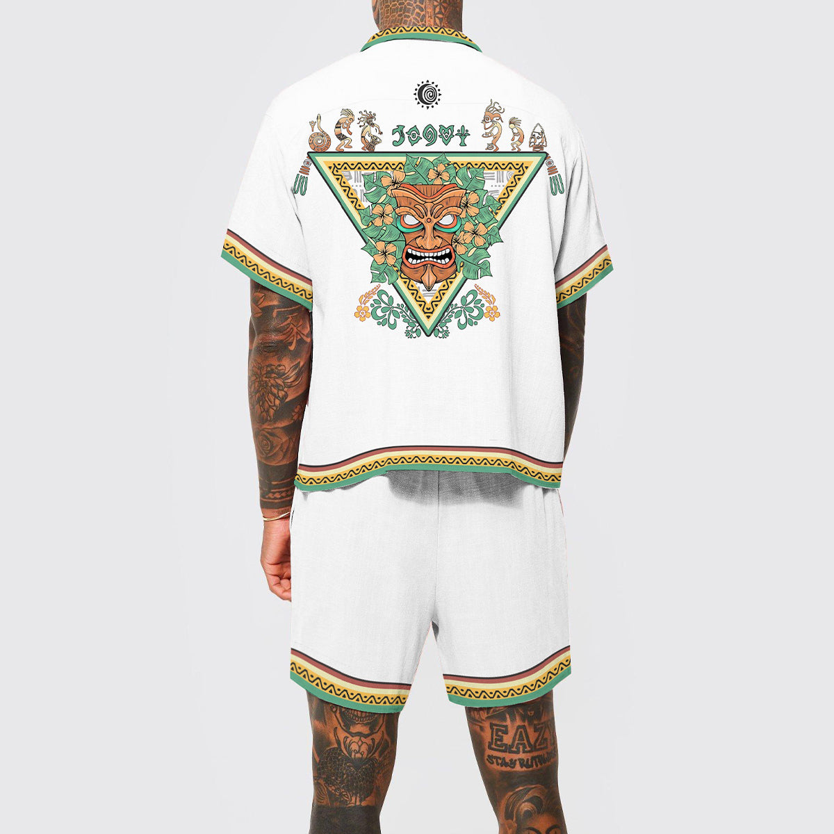 Festival Outfit Tiki Statue Pattern Short Sleeve Camp Collar Shirt