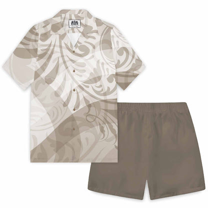 Light Brown On White Polynesian Camp Collar Short Sleeve Shirt