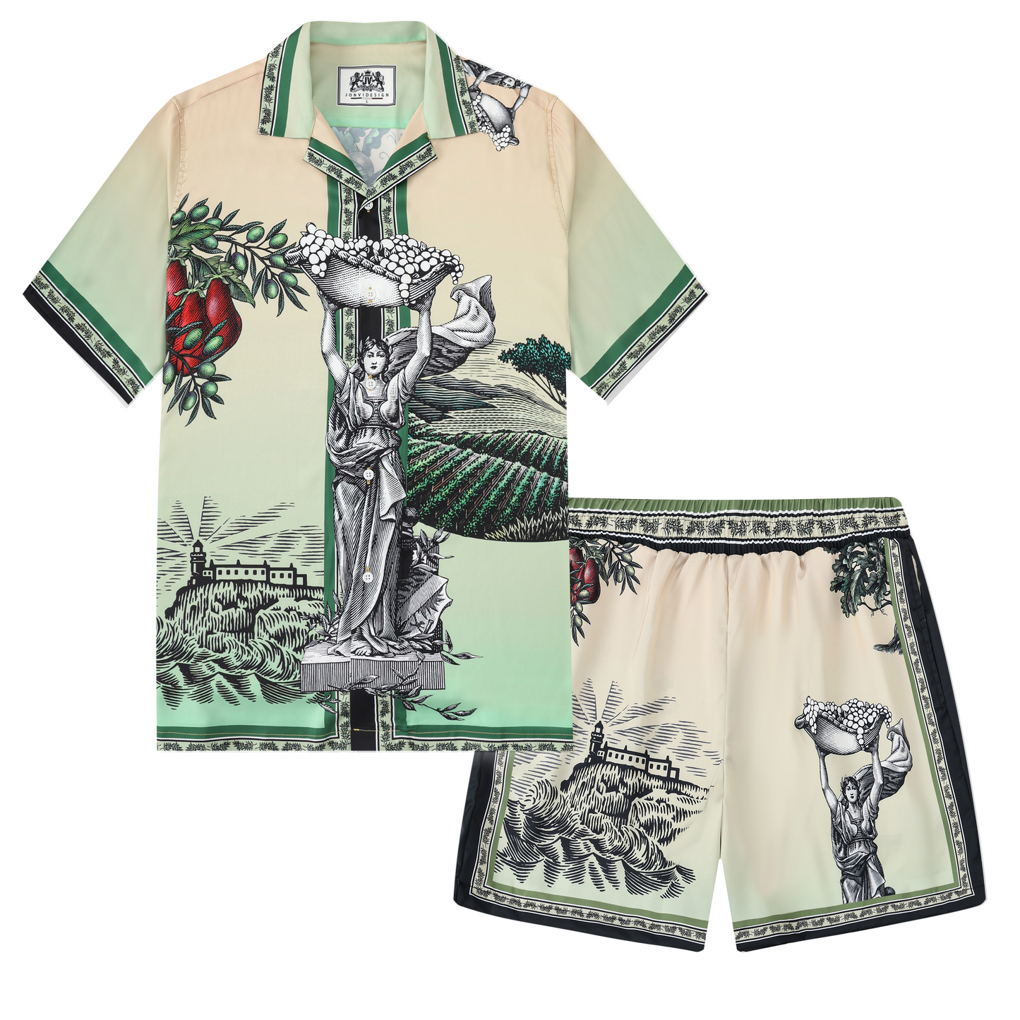 Greek Statue Olive Branch Pattern Silk Fiber Waistband Shorts
